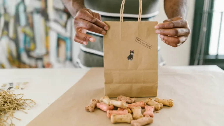 handmade brown paper gift bag standing on a table